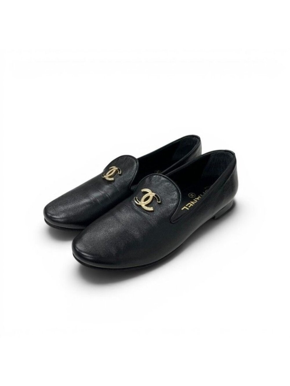 Chanel Flat Shoes Leather Black Gold CC Logo Rhinestone Pearl